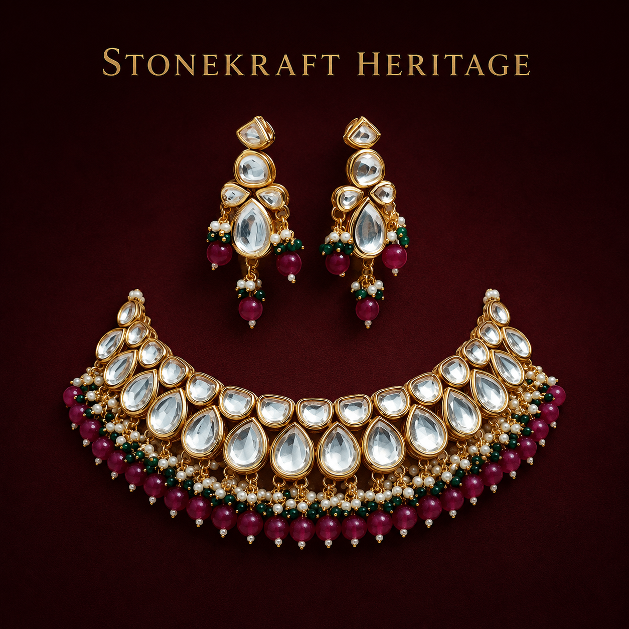 Heritage polki necklace and earrings with uncut stones, ruby and emerald beads on burgundy