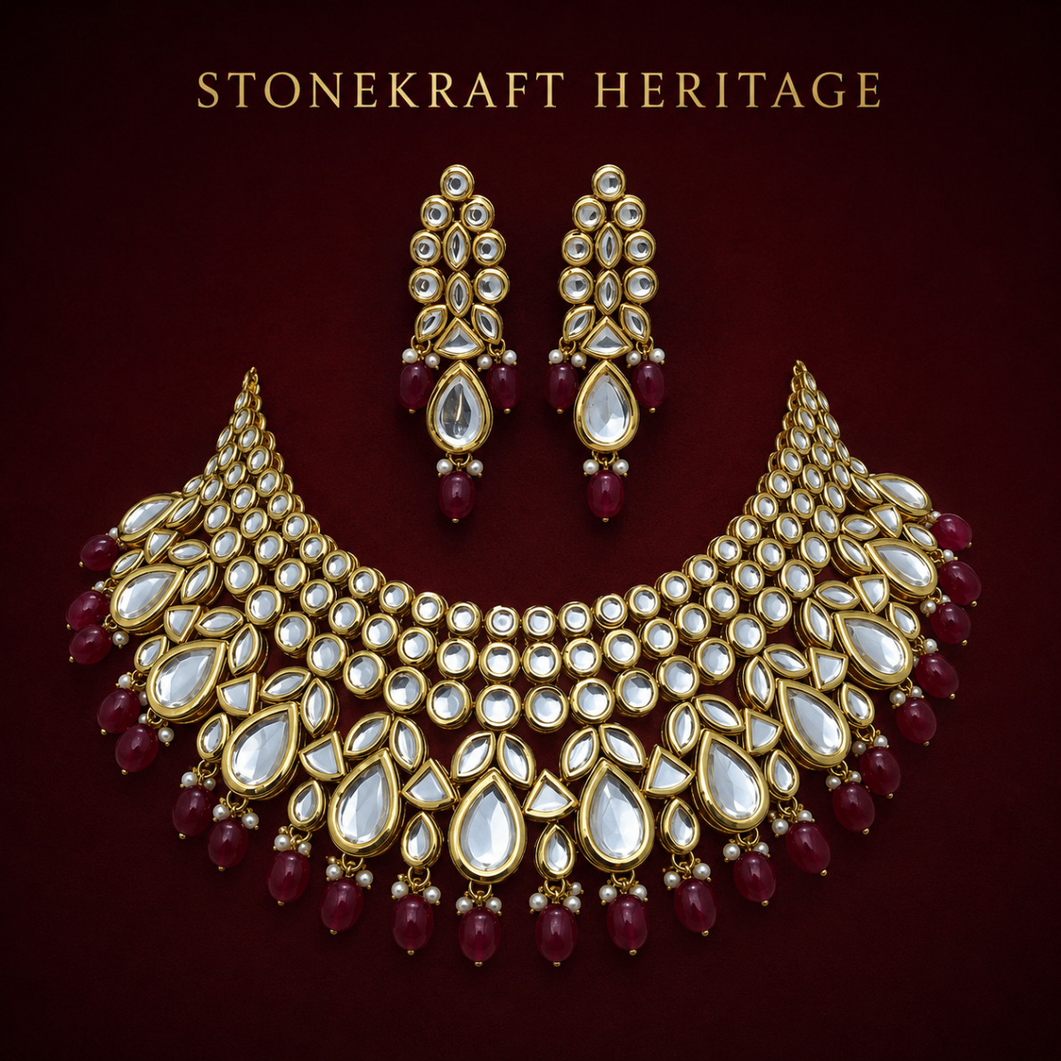 Grand bridal kundan collar necklace with ruby drops and matching earrings on burgundy