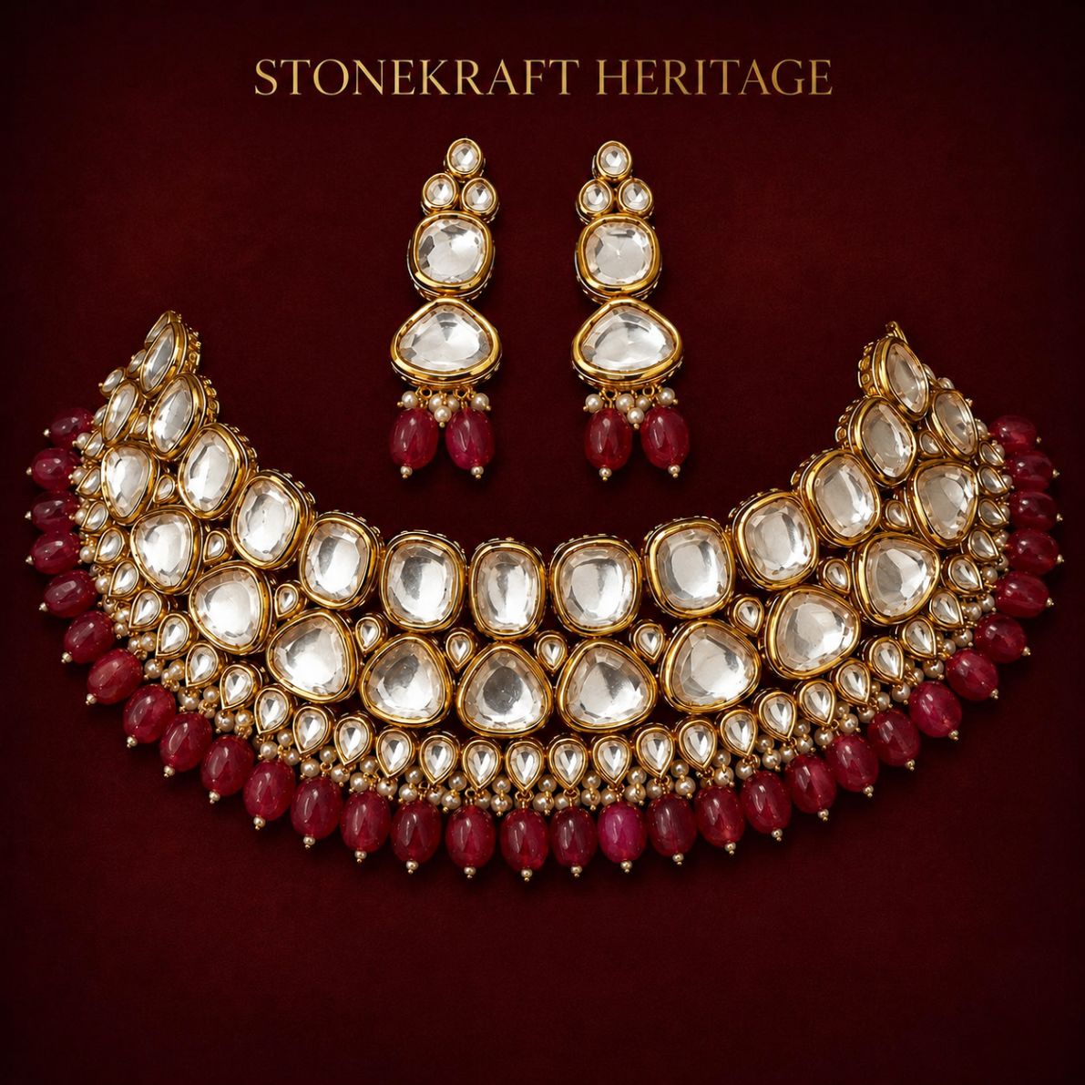 Royal kundan collar necklace set with ruby beads and matching earrings on burgundy