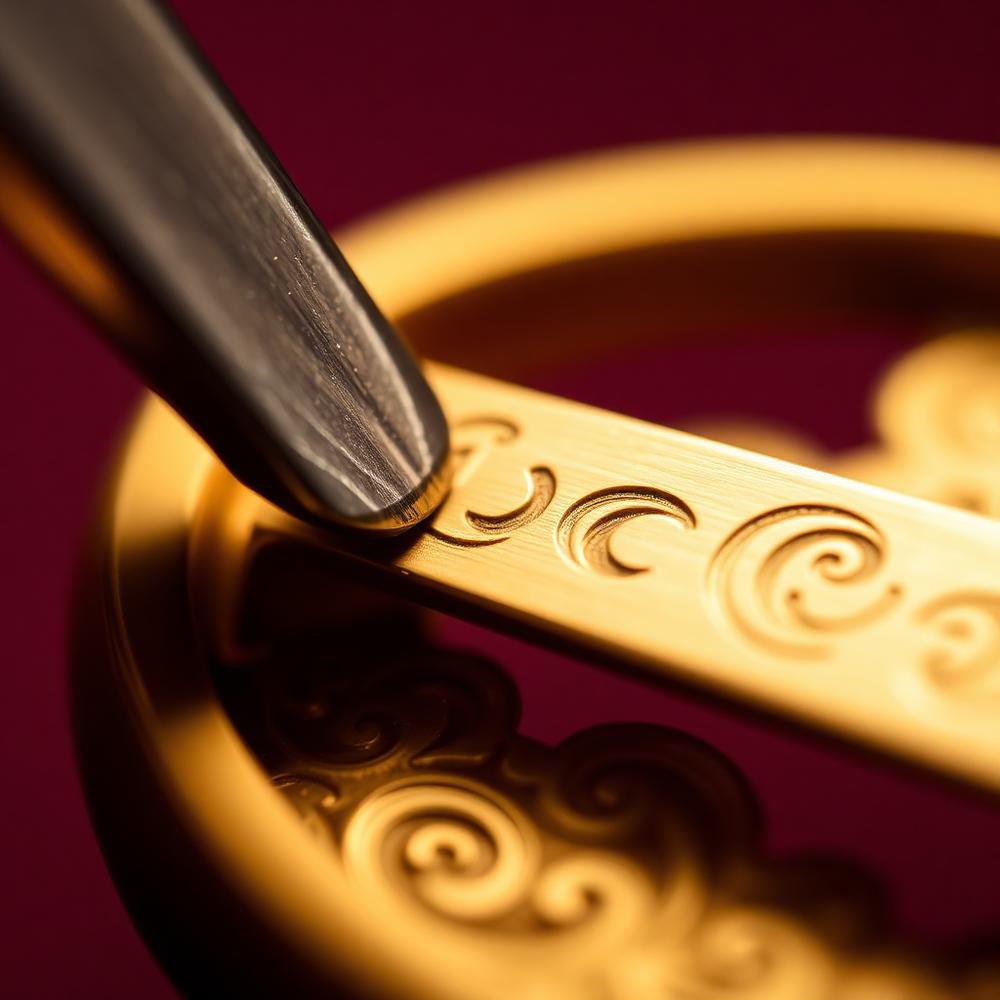Hand engraving fine detail into a gold jewellery surface