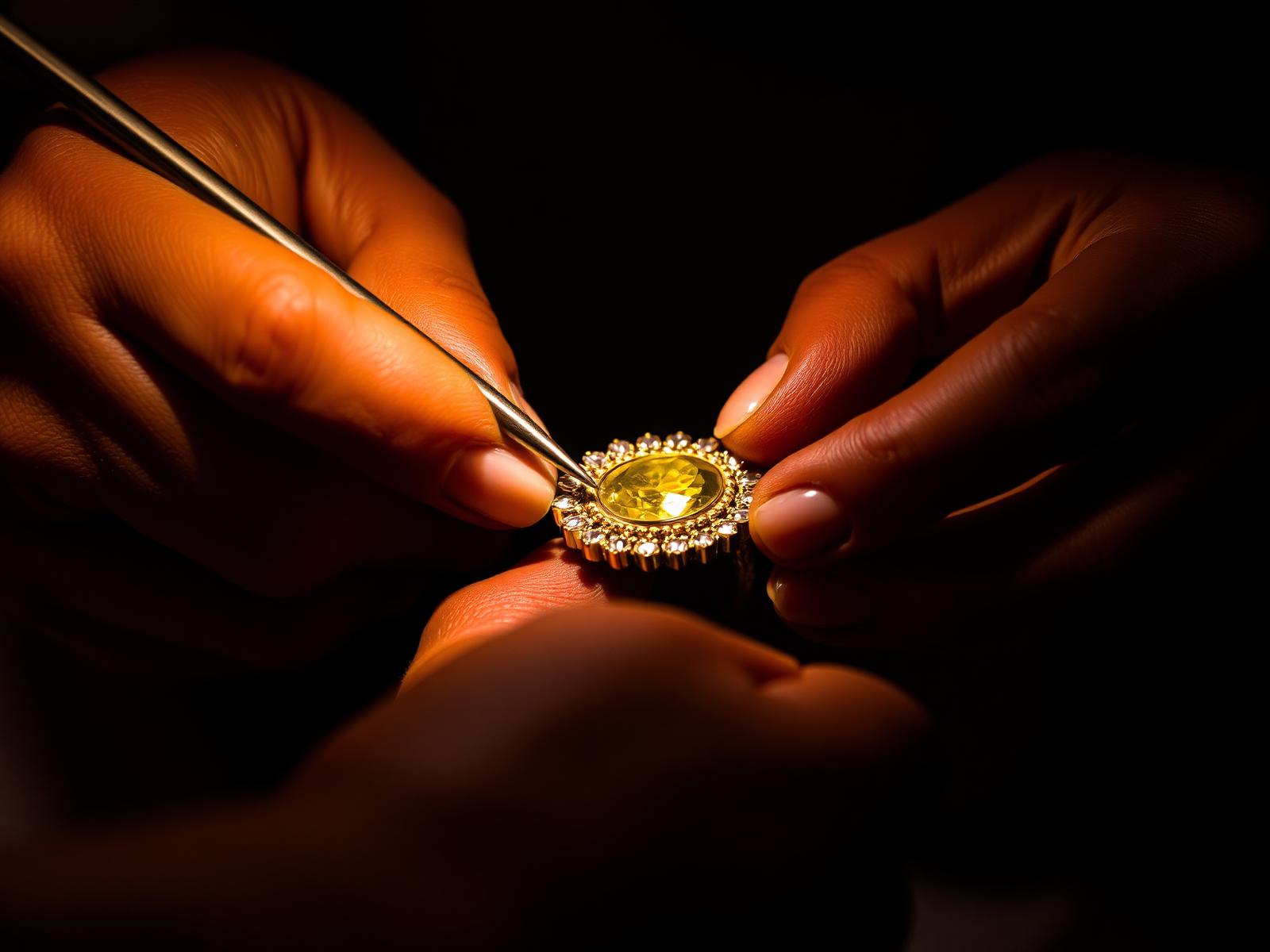 Artisan hands setting stones into a gold jewellery framework