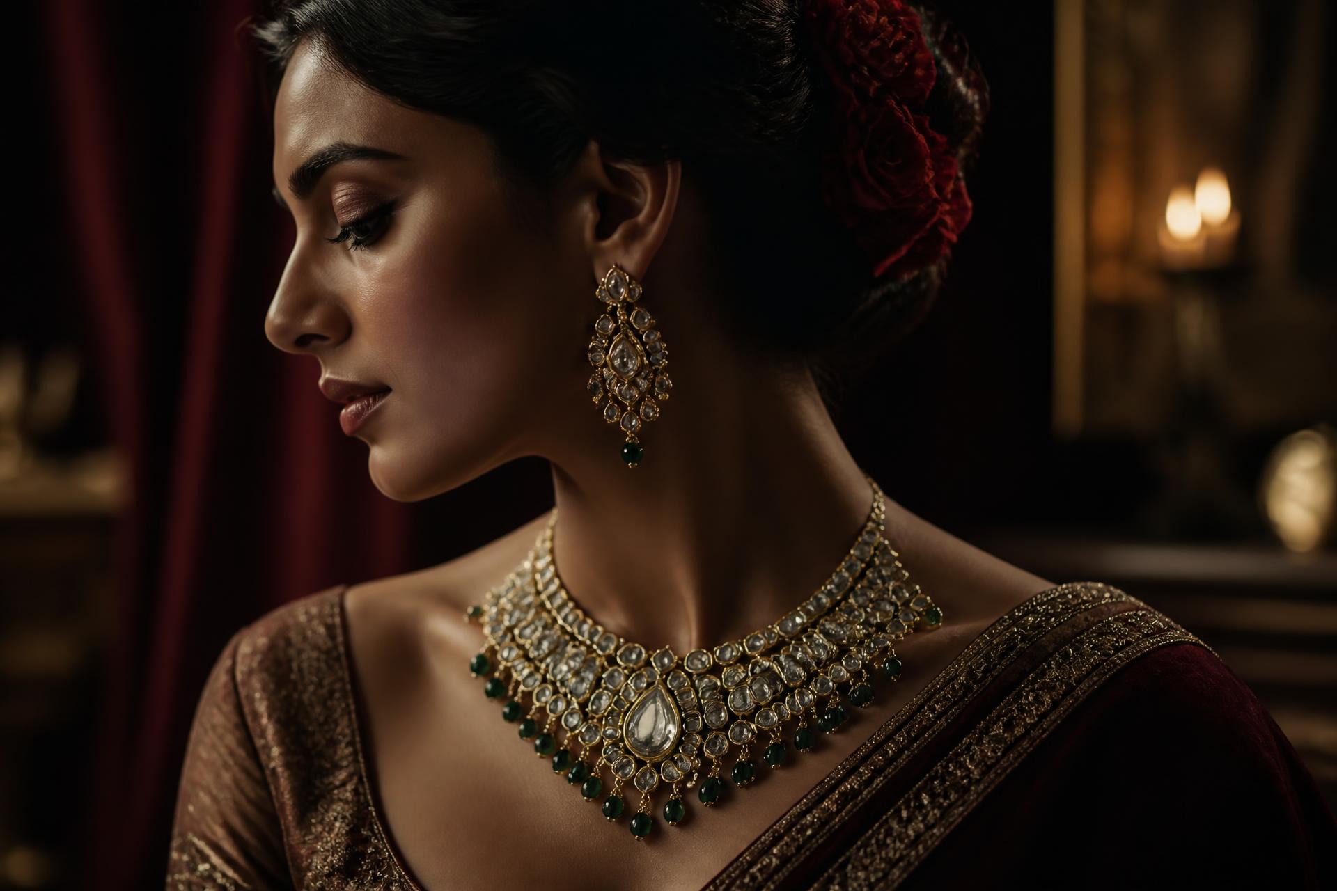 Model wearing an uncut polki diamond necklace against deep burgundy velvet
