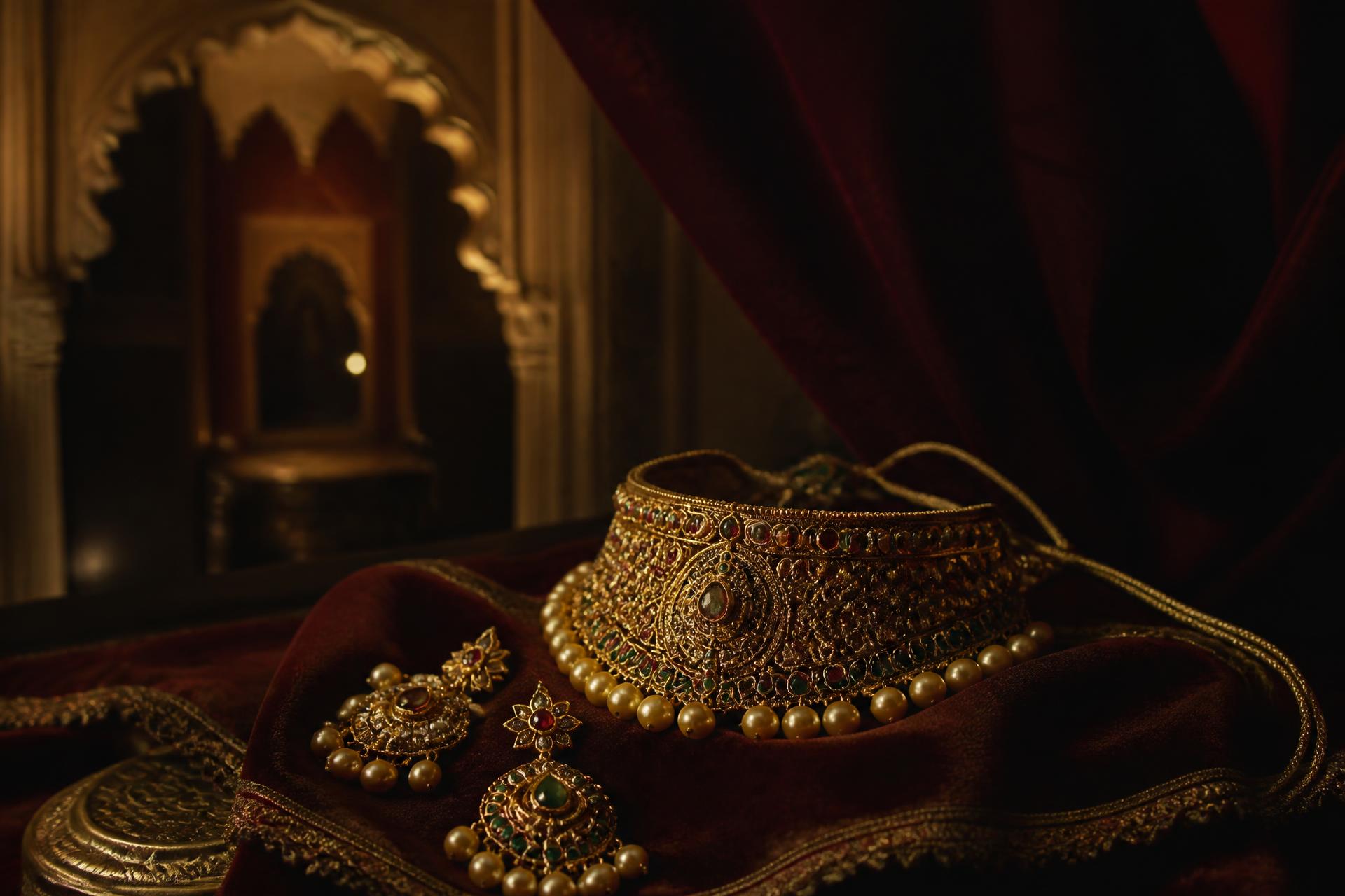 Antique gold heirloom jewellery set resting on dark wine velvet in a private chamber