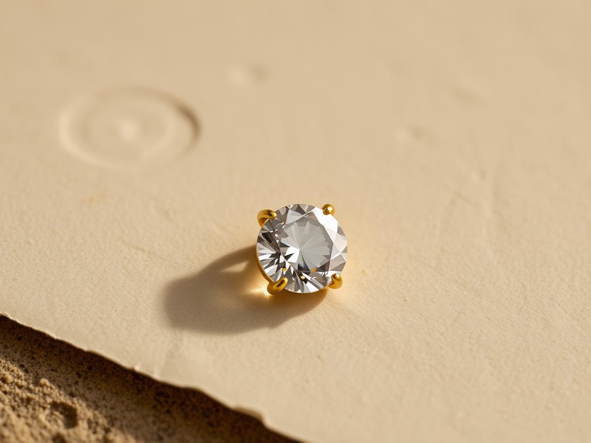 Close view of an uncut stone in a gold setting on aged ivory paper