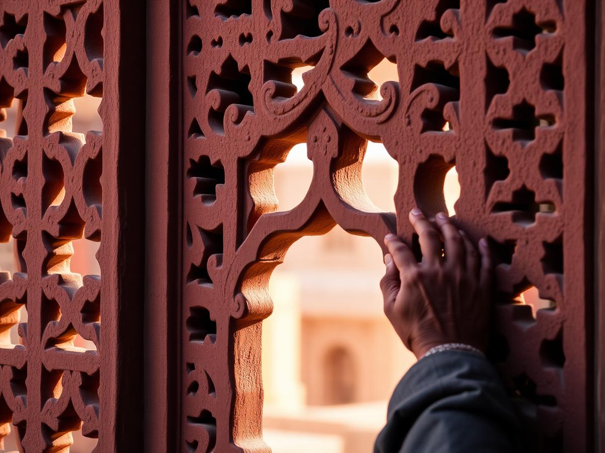 Hand working on a carved red sandstone lattice screen in Bikaner