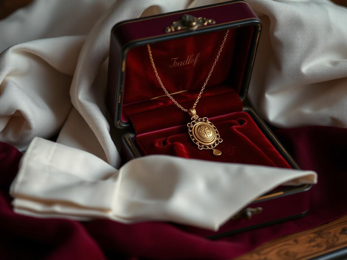 Antique gold heirloom pendant resting in a velvet-lined jewellery box